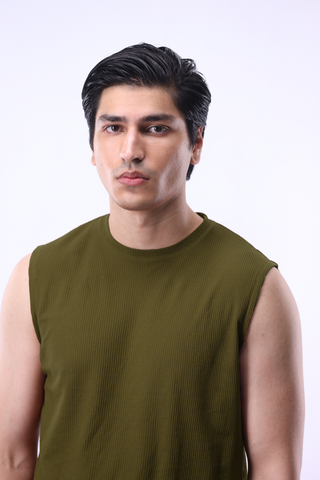 Waffle-knit Sleeveless T-shirt in Olive