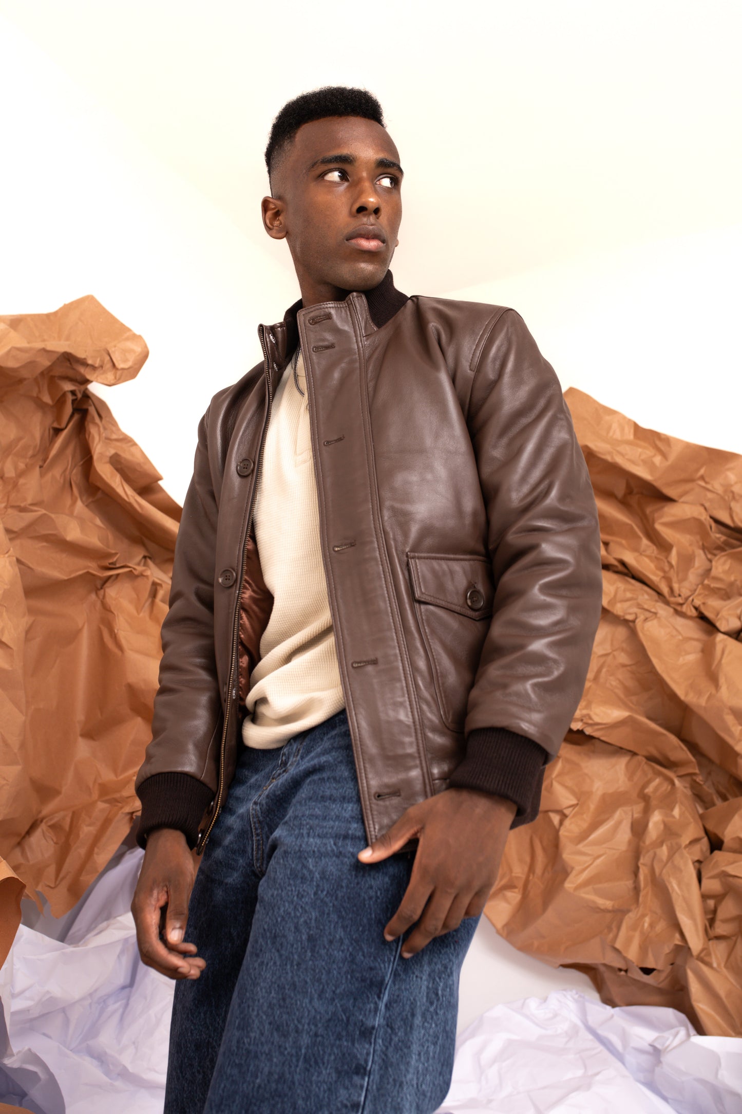 Leather Harrington Jacket in Brown