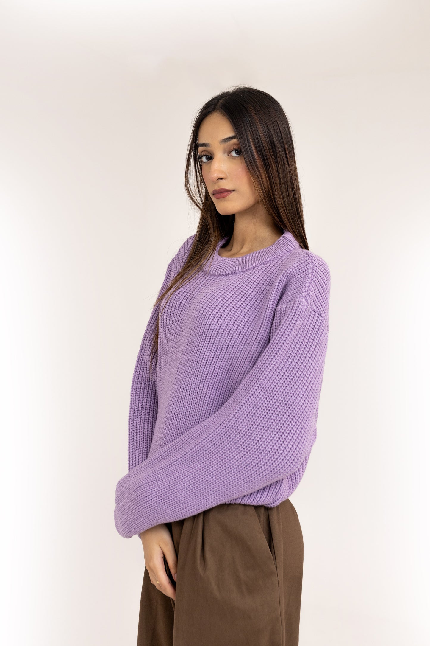 Loose-Knit High Neck Jumper in Lavender