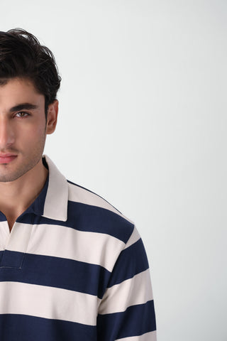 Striped Revere Collar Polo Jumper in Blue