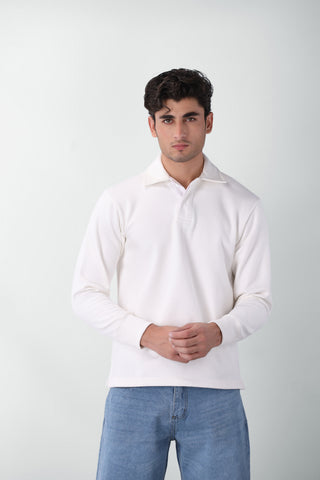 Cotton Polo Sweatshirt in White