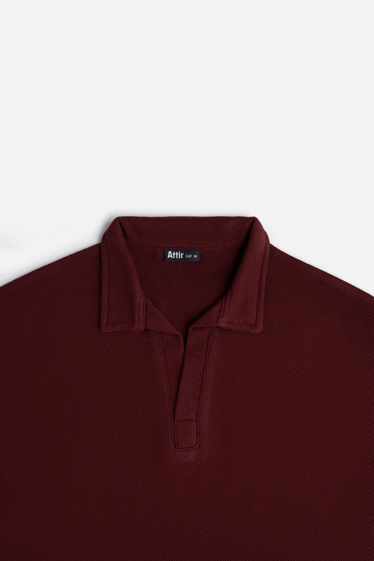 Textured-Knit Revere Polo Shirt in Maroon