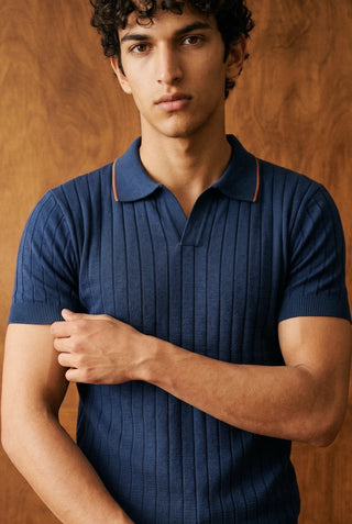 Tuck-Knit Polo Shirt in Night Blue