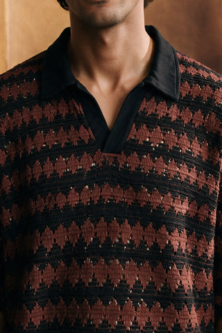 Crochet Knit Polo Shirt / BROWN POLO ATTIR-MEN