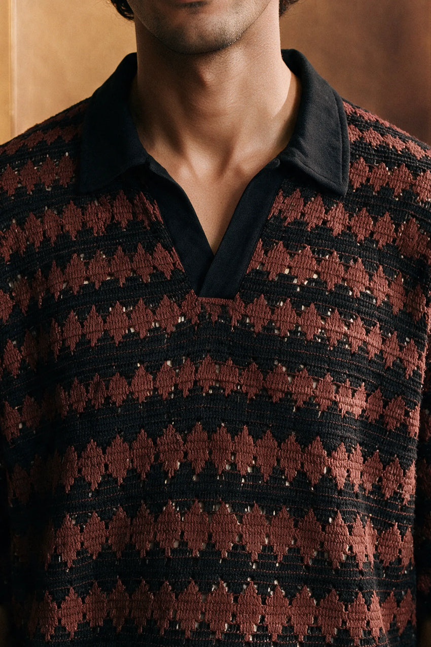 Crochet Knit Polo Shirt / BROWN POLO ATTIR-MEN