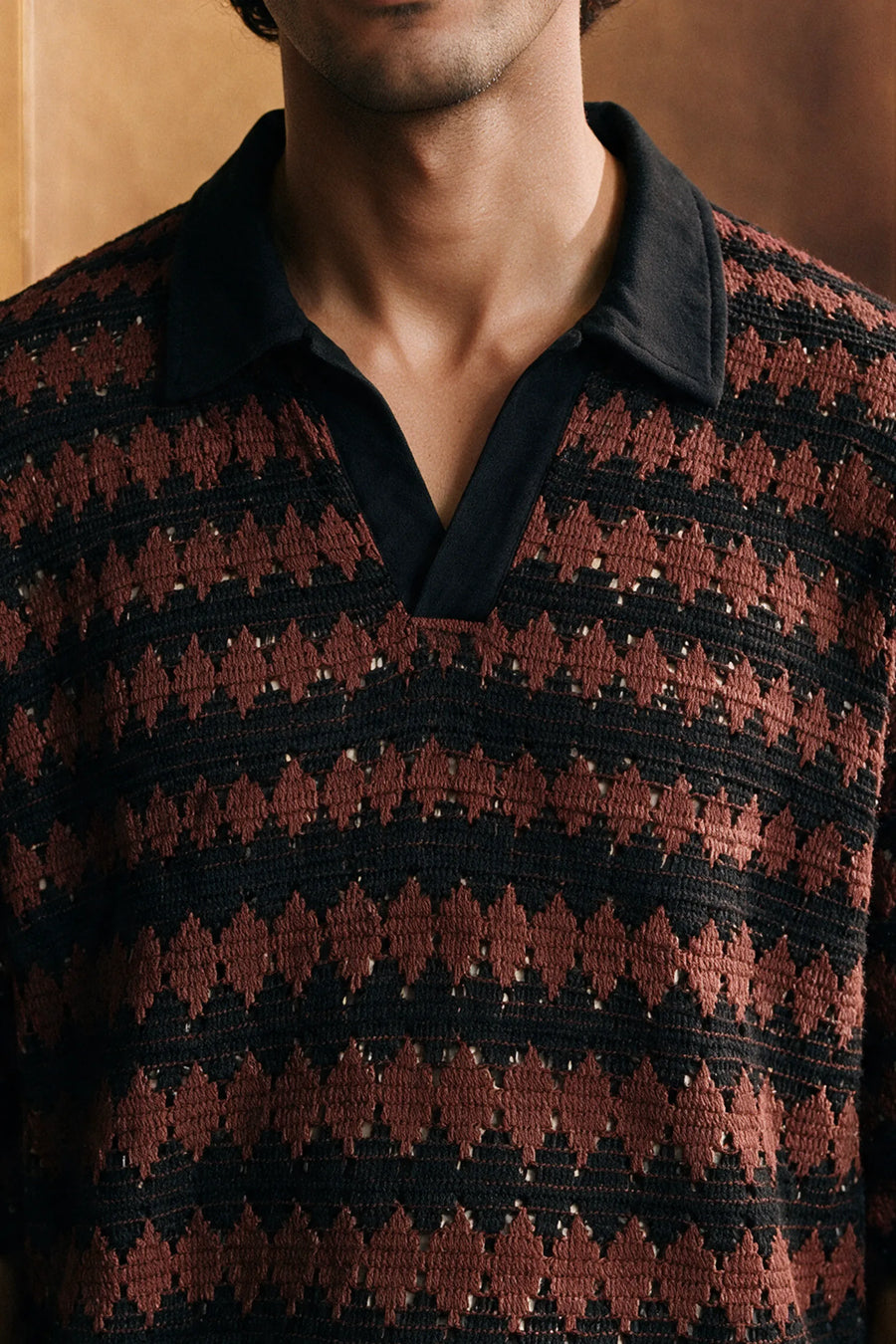 Crochet Knit Polo Shirt / BROWN