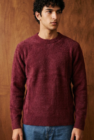Furry Crew Neck Knitted Jumper in Burgundy