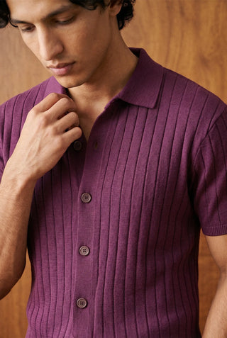 Tuck-Knit Button-Up Polo in Plum