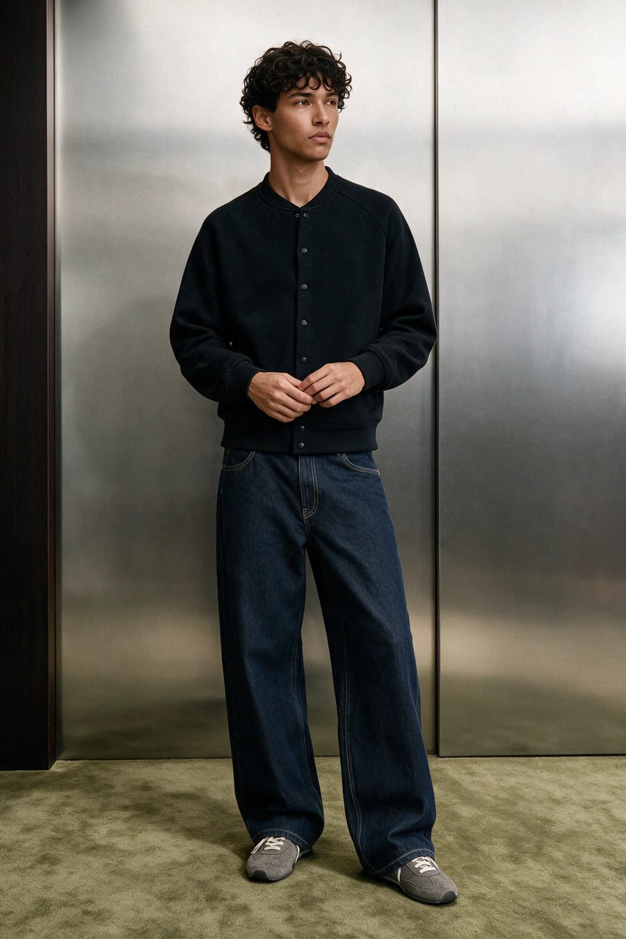 Structured Fleece Button-Up Jacket / BLACK
