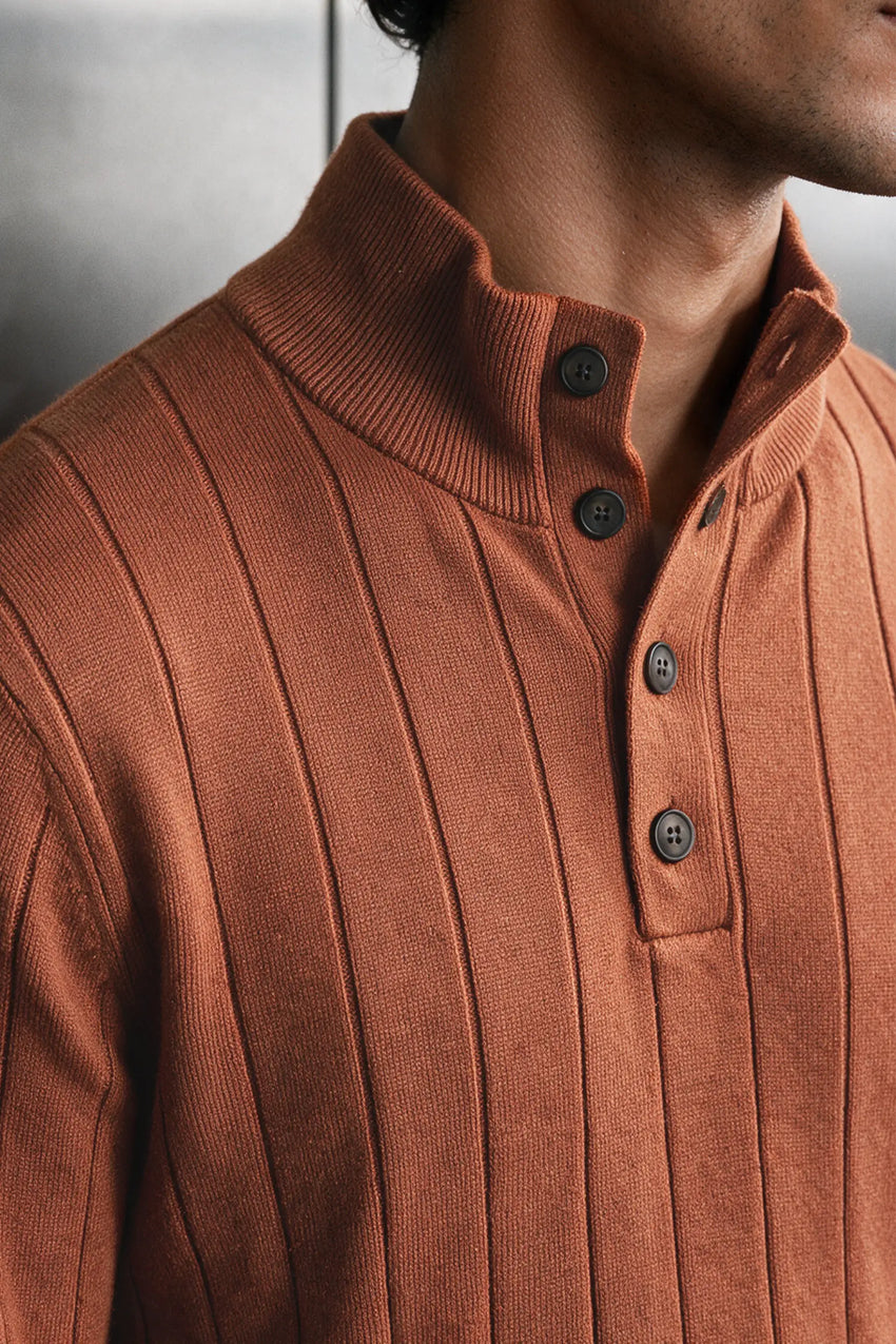 Mock-Neck Button Up Sweater / MELANGE BROWN SWEATER ATTIR-MEN