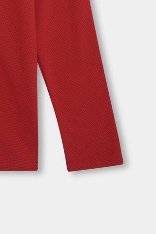 Popcorn-knit Henley in Crimson
