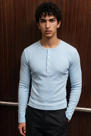 Ribbed Henley T-shirt in Sky Blue