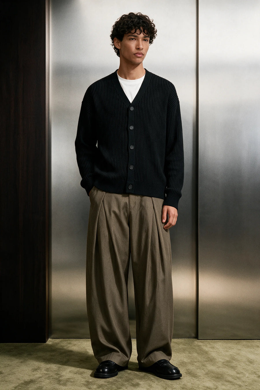 Rib-Knit Cardigan Sweater / BLACK