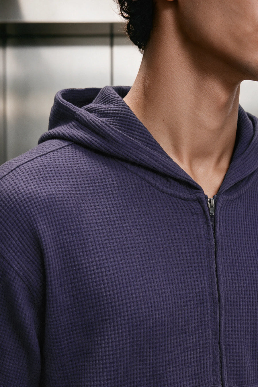 Waffle Zipper Hoodie /  NAVY