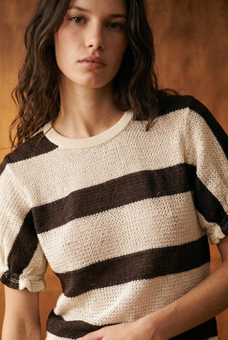 Crochet Puff Sleeve Striped Tee in Mocha