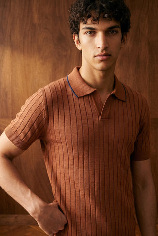 Tuck-Knit Polo Shirt in Rust Orange