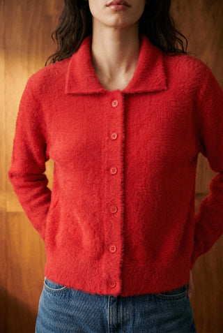 Furry Knitted Collared Cardigan in Scarlet Red