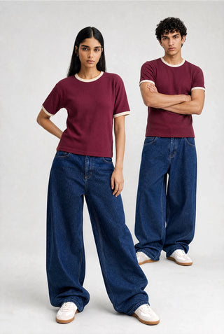 Waffle Textured Ringer T-shirt in Maroon