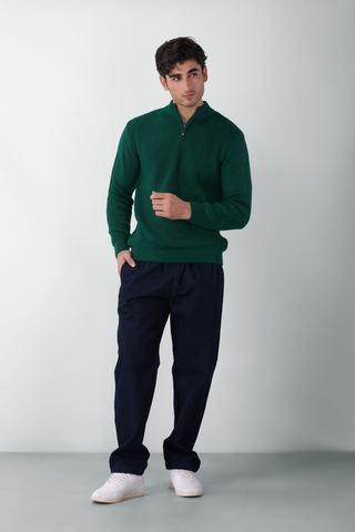 Q Zip Knitted Jumper in Bottle Green