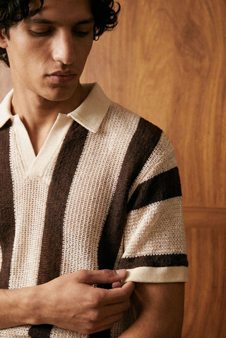 Crochet Johnny Collar Striped Polo in Mocha