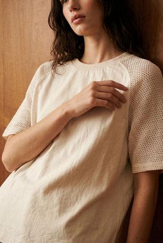 Relaxed Crochet Sleeve Raglan Tee in Cream