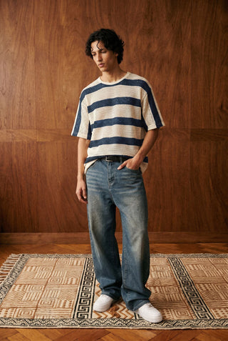Relaxed Crochet Striped Tee in Deep Blue