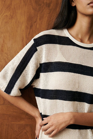 Relaxed Crochet Striped Tee in Black