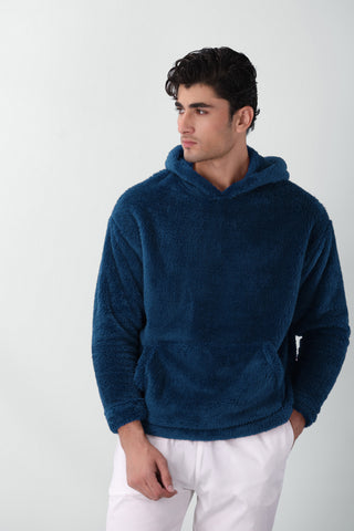 Teddy Fur Hoodie in Navy Blue
