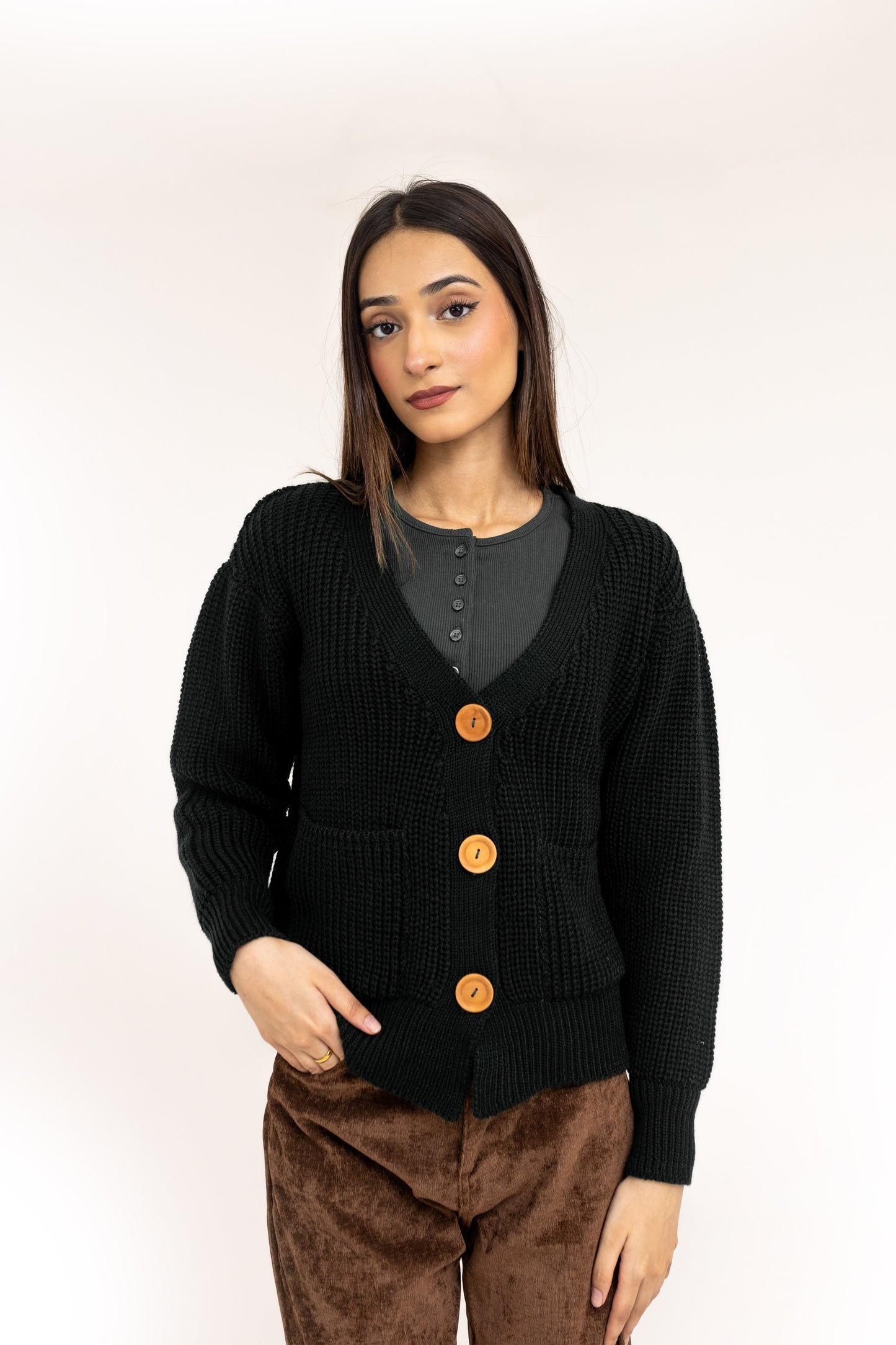 Fluffy Rib Knitted Cardigan in Black