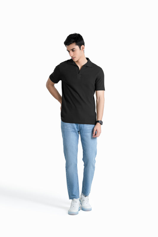 Waffle-Knit Revere Polo Shirt in Black