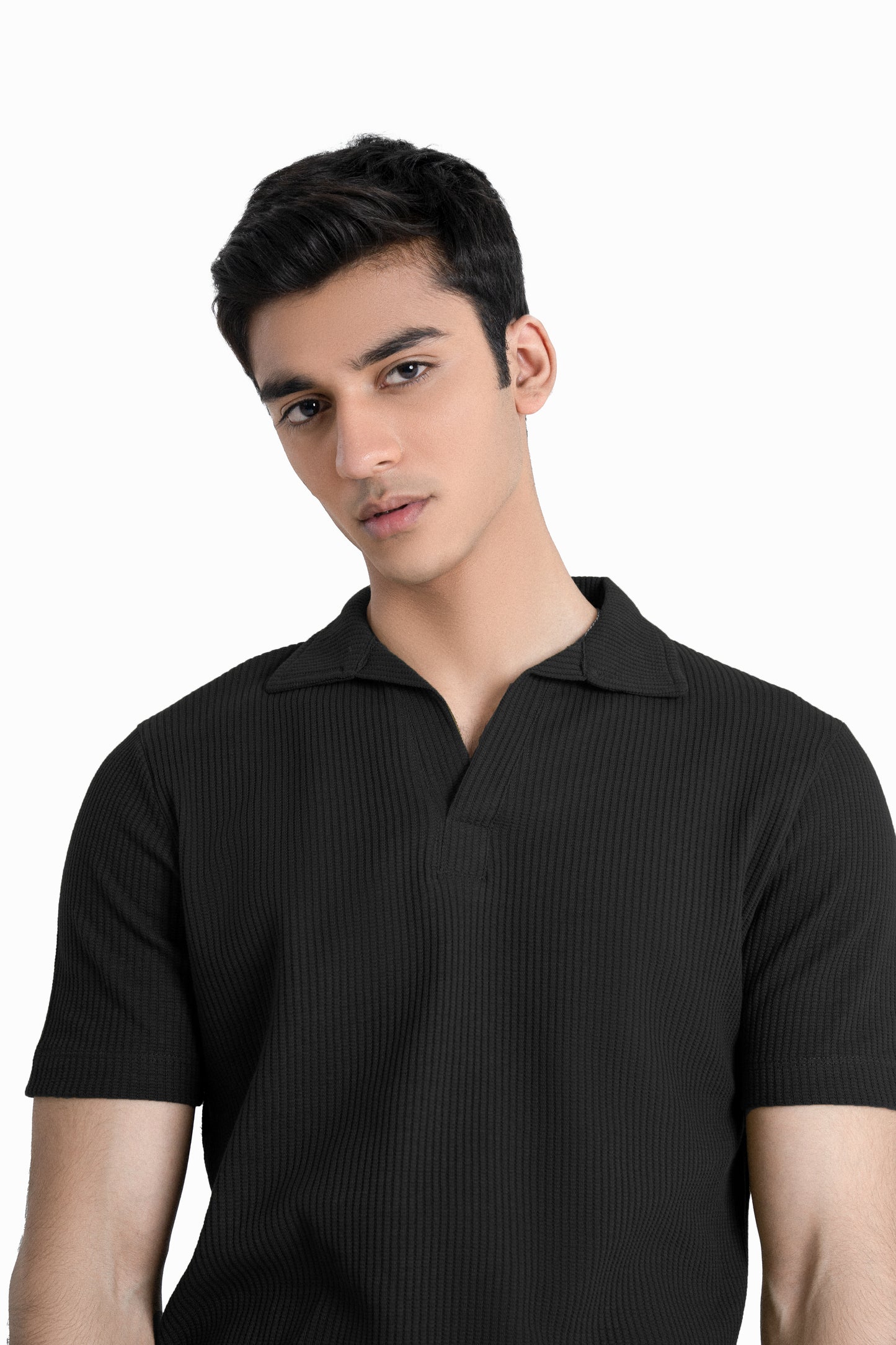 Waffle-Knit Revere Polo Shirt in Black