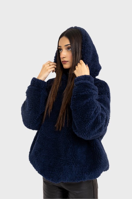 Teddy Fur Oversized Hood in Navy