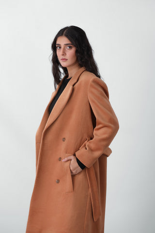 Belted Wool Long Coat in Camel