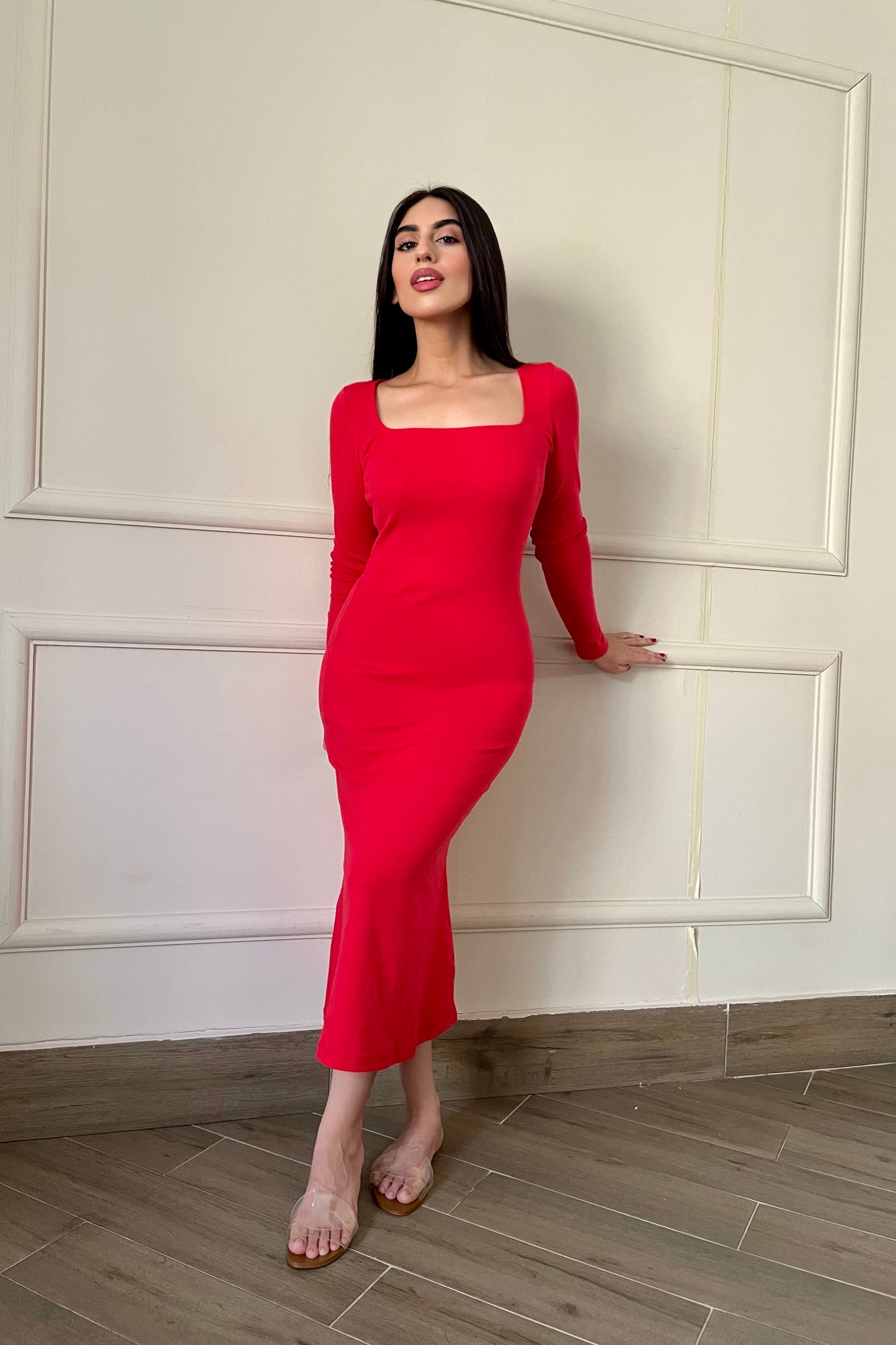 Square Neck Bodycon Dress in Scarlet Red