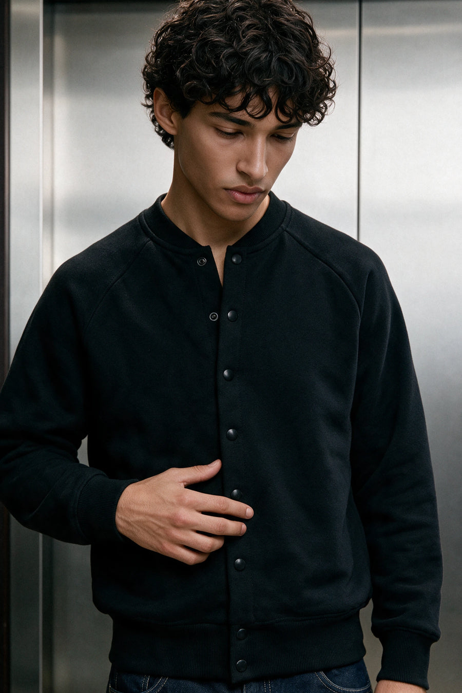 Structured Fleece Button-Up Jacket / BLACK