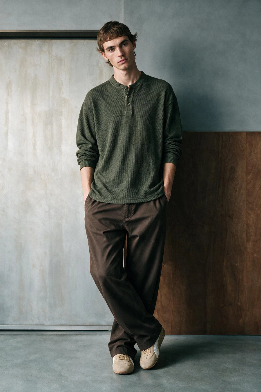 Melange Effect Henley Shirt /  GREEN MELANGE