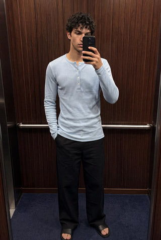 Ribbed Henley T-shirt in Sky Blue