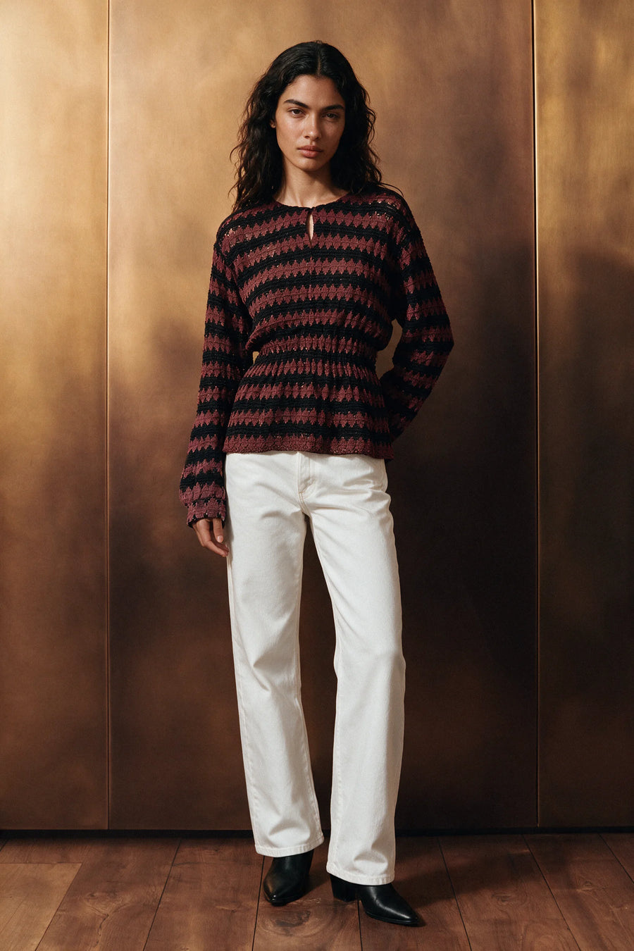 Crochet Knit Peplum Top / BROWN
