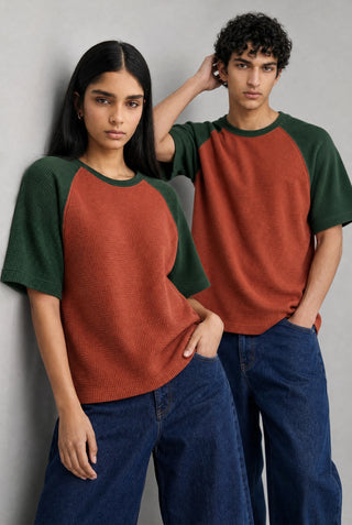 Waffle Textured Raglan T-shirt in Rust