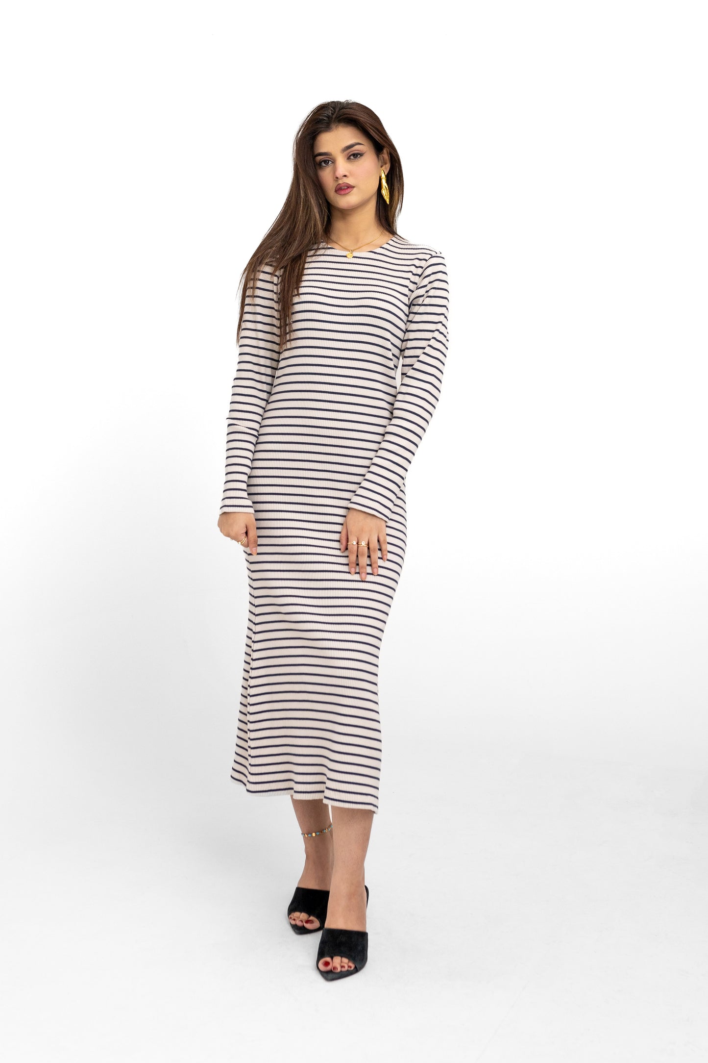 Round Neck Stripe Midi Dress