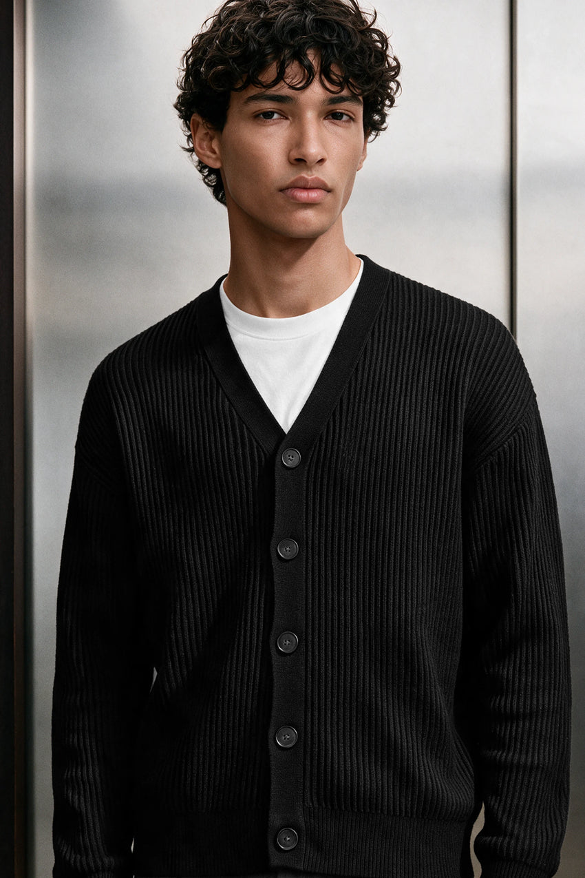 Rib-Knit Cardigan Sweater / BLACK CARDIGAN ATTIR-UNISEX