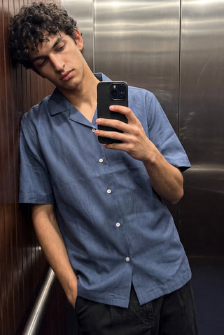 Relaxed Fit Camp Collar Shirt in Denim Blue