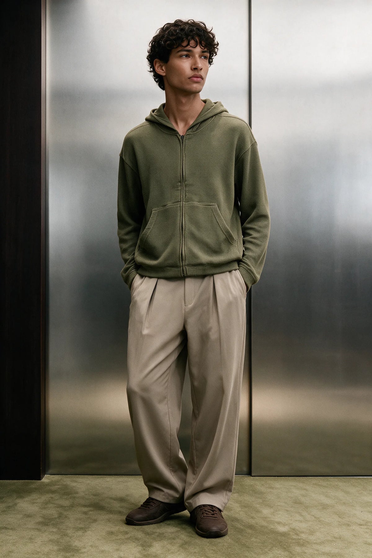 Waffle Zipper Hoodie / OLIVE HOODIE ATTIR-MEN