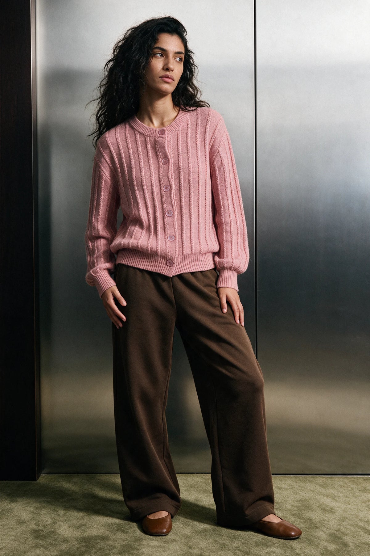 Puff Sleeve Brushed Cardigan / PINK SWEATER ATTIR-WOMEN