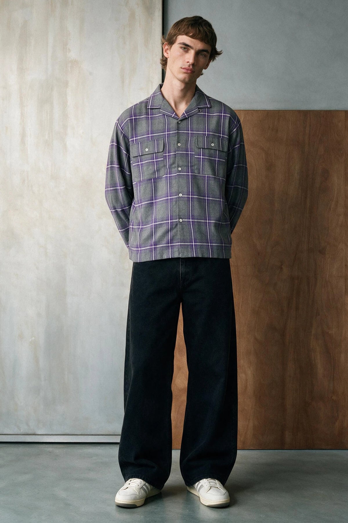 Camp Collar Flannel Weave Shacket / GREY OVERSHIRT ATTIR-MEN