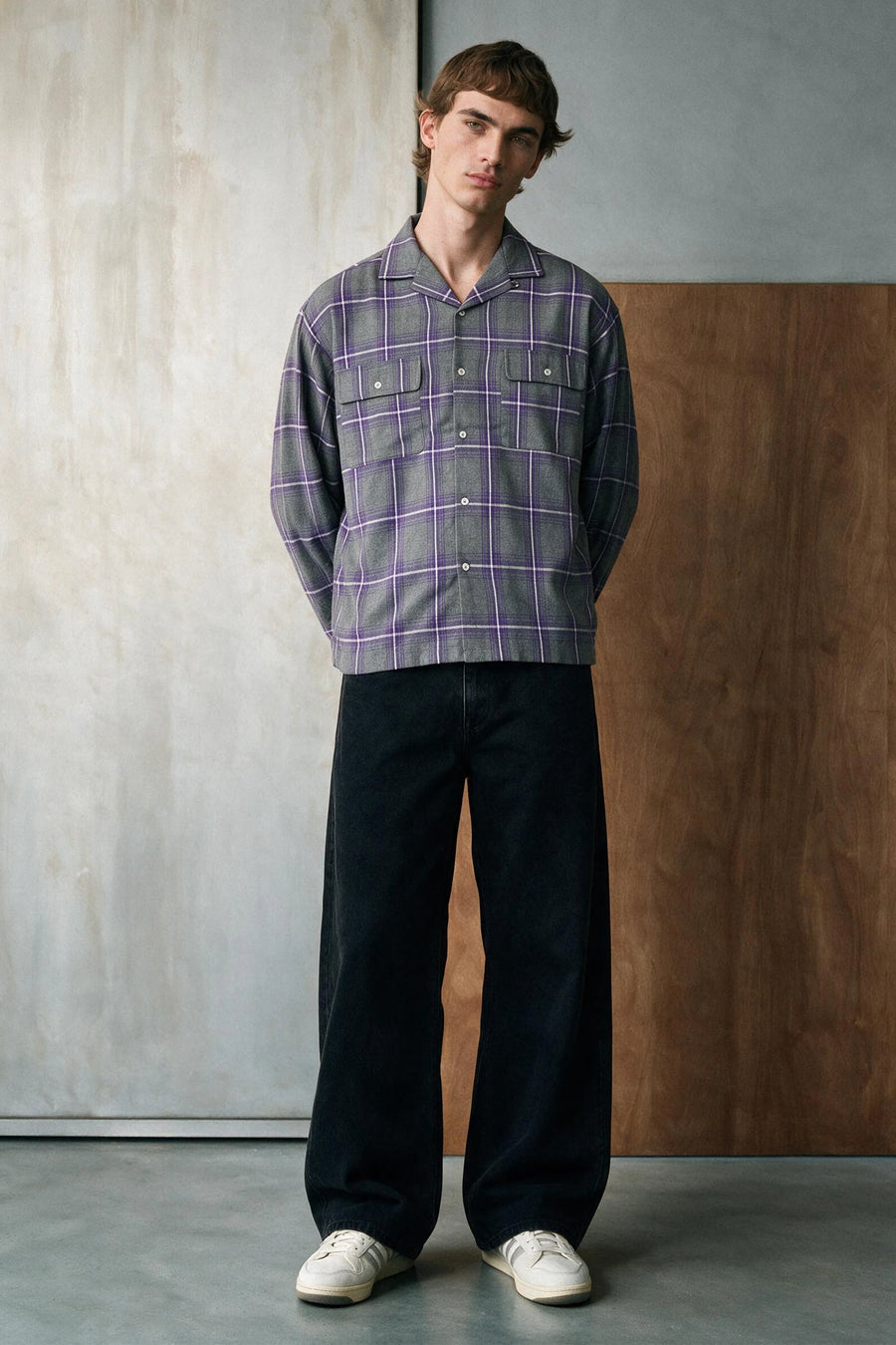 Camp Collar Flannel Weave Shacket /  GREY