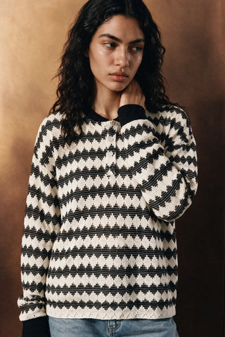 Crochet Knit Henley Shirt / OFF WHITE HENLEY ATTIR-WOMEN