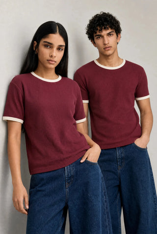 Waffle Textured Ringer T-shirt in Maroon