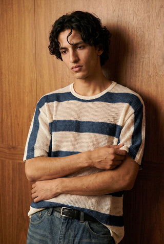 Relaxed Crochet Striped Tee in Deep Blue
