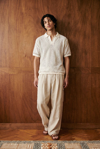 Crochet Johnny Collar Striped Polo in Ivory
